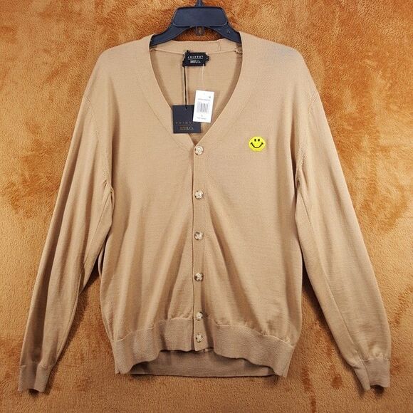 JOSHUA SANDERS Sweater Mens Large Tan PIXEL Cardigan Smiley Face 100% Wool $399 - Picture 2 of 9